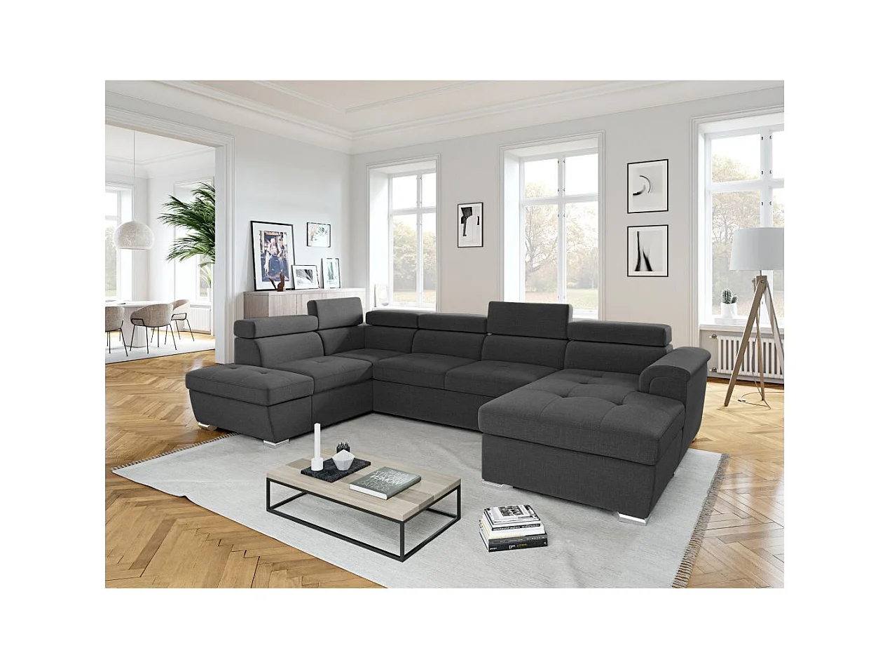 Canapé Panoramique 6 places Convertible PAOLA en Tissu - Gris anthracite - Angle Gauche