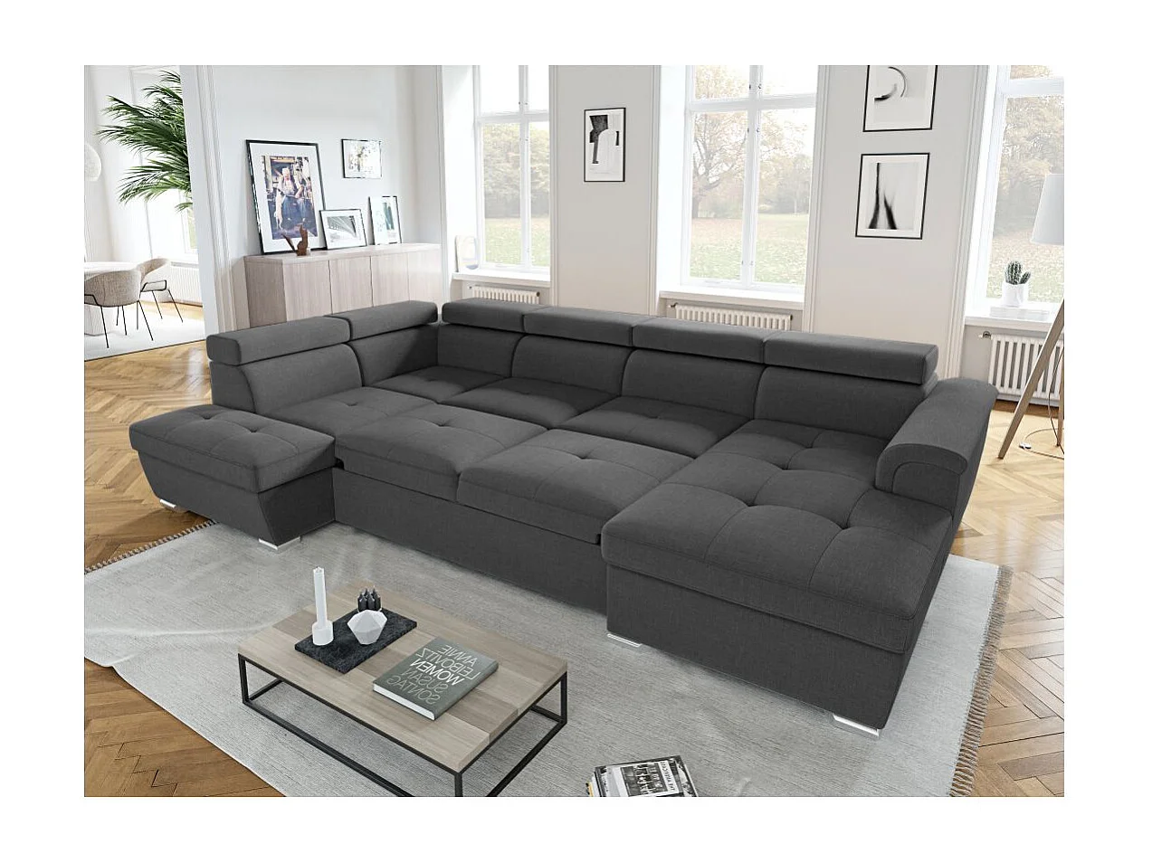 Canapé Panoramique 6 places convertible PAOLA en Tissu - Gris anthracite - Angle Gauche