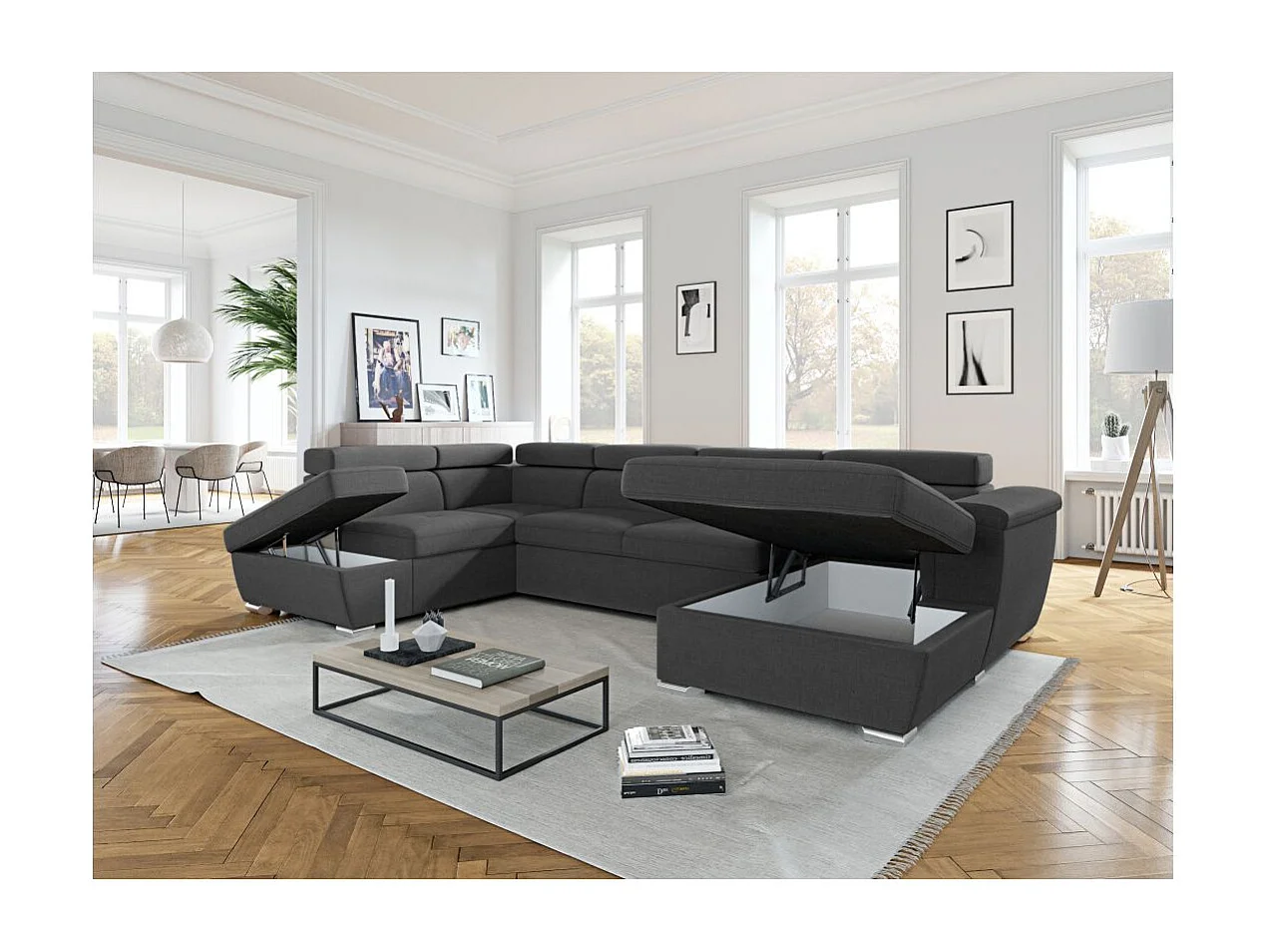 Canapé Panoramique 6 places convertible PAOLA en Tissu - Gris anthracite - Angle Gauche