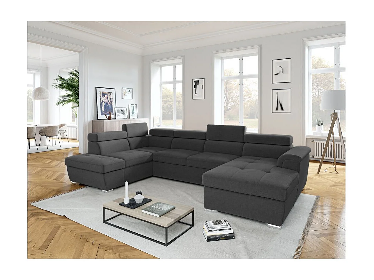 Canapé Panoramique 6 places convertible PAOLA en Tissu - Gris anthracite - Angle Gauche