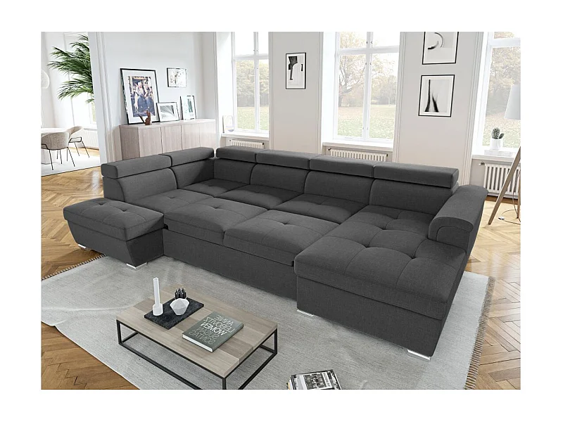 Canapé Panoramique 6 places convertible PAOLA en Tissu - Gris anthracite - Angle Gauche