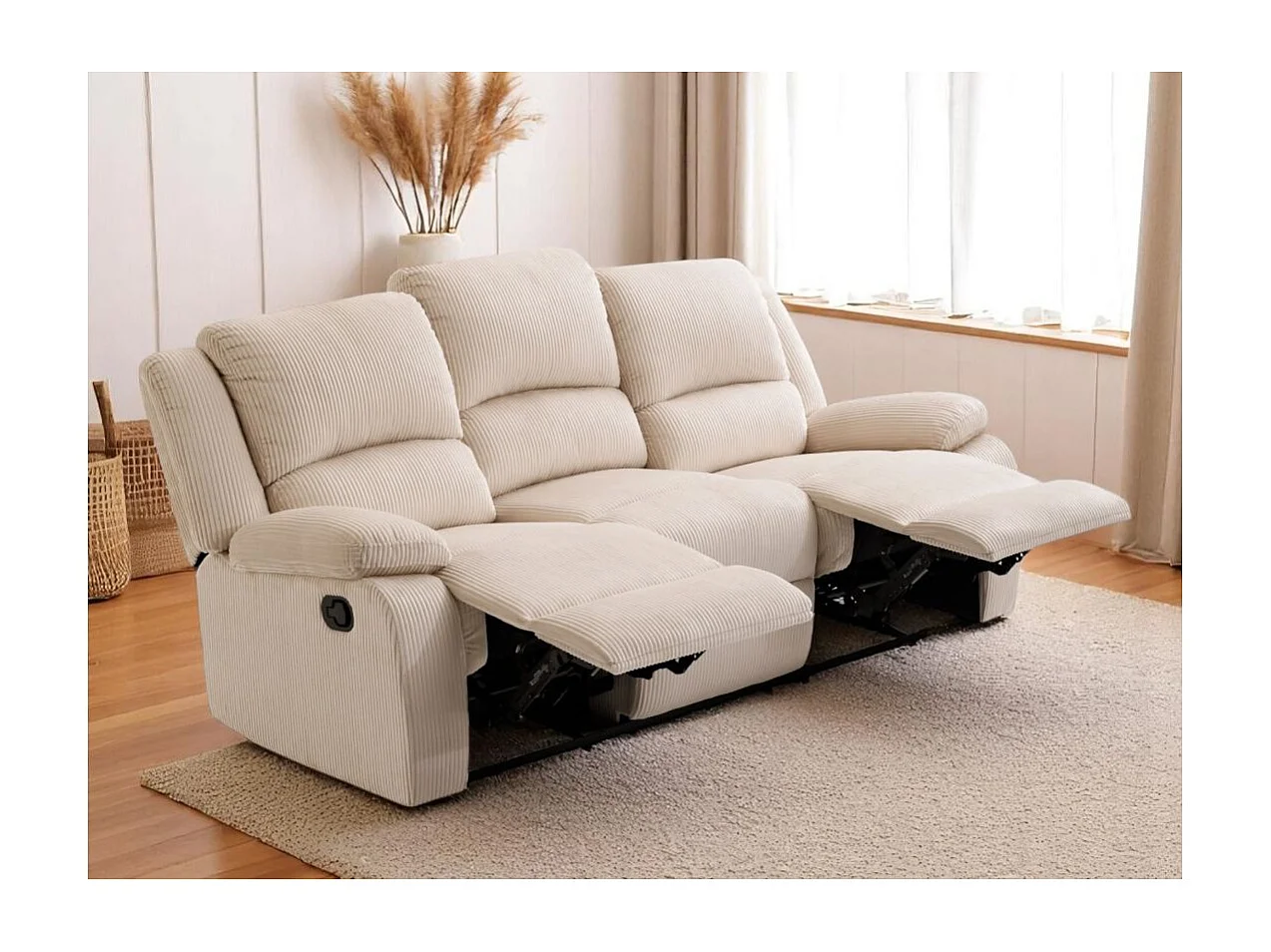 RELAXXO - Canapé de relaxation manuel 3 places LEO en velours côtelé - beige