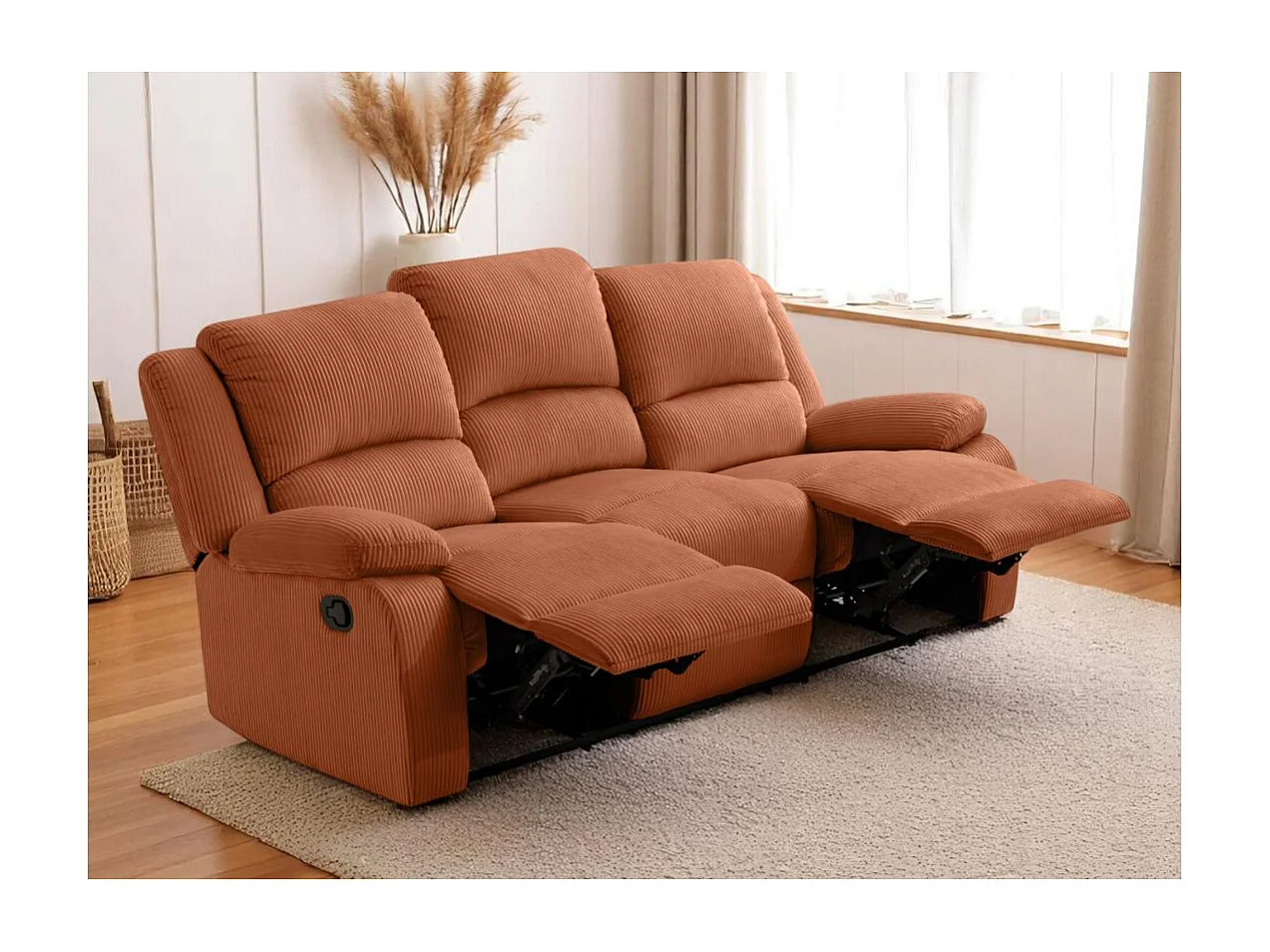RELAXXO - Canapé de relaxation manuel 3 places LEO en velours côtelé - Terracotta
