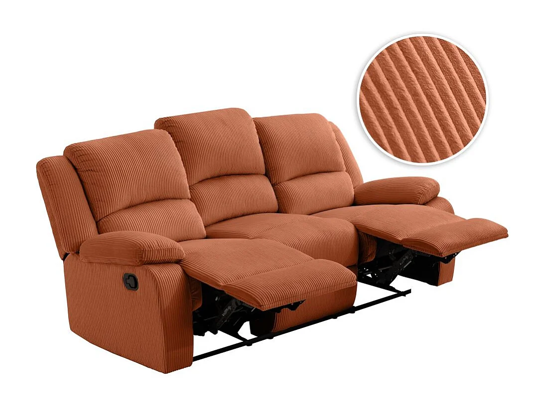 RELAXXO - Canapé de relaxation manuel 3 places LEO en velours côtelé - Terracotta