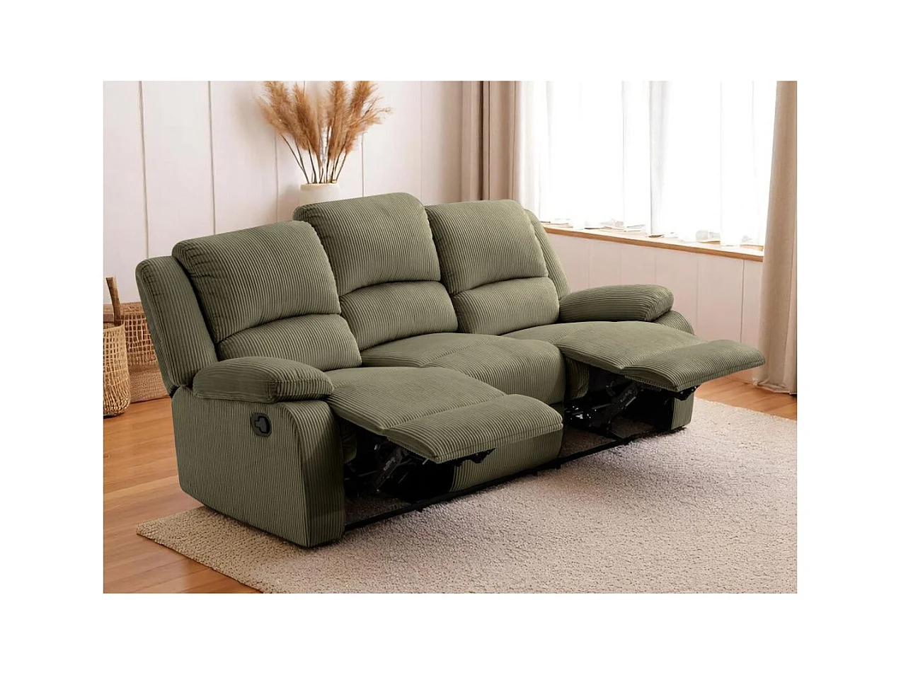 RELAXXO - Canapé de relaxation manuel 3 places LEO en velours côtelé - Vert