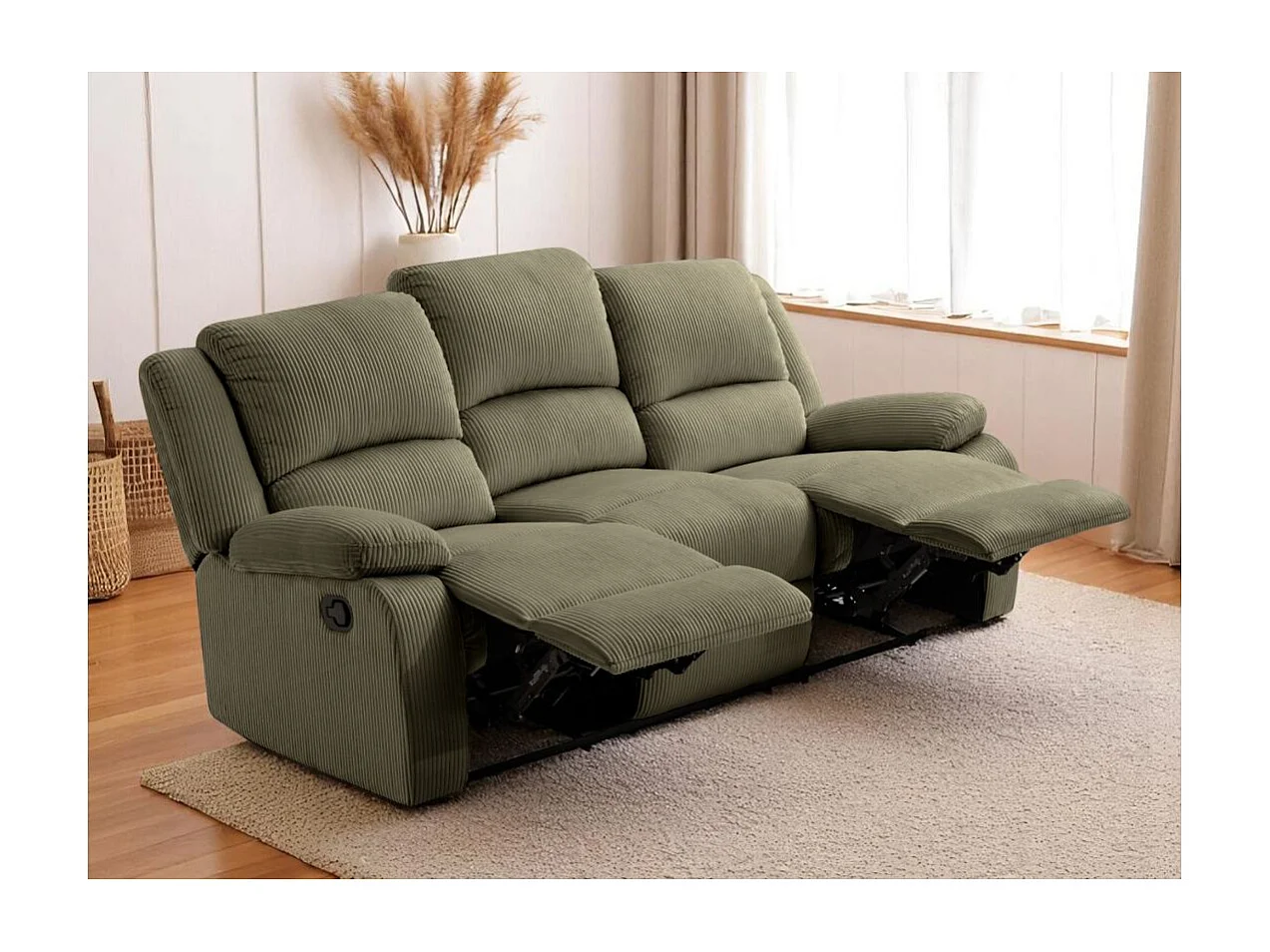 RELAXXO - Canapé de relaxation manuel 3 places LEO en velours côtelé - Vert