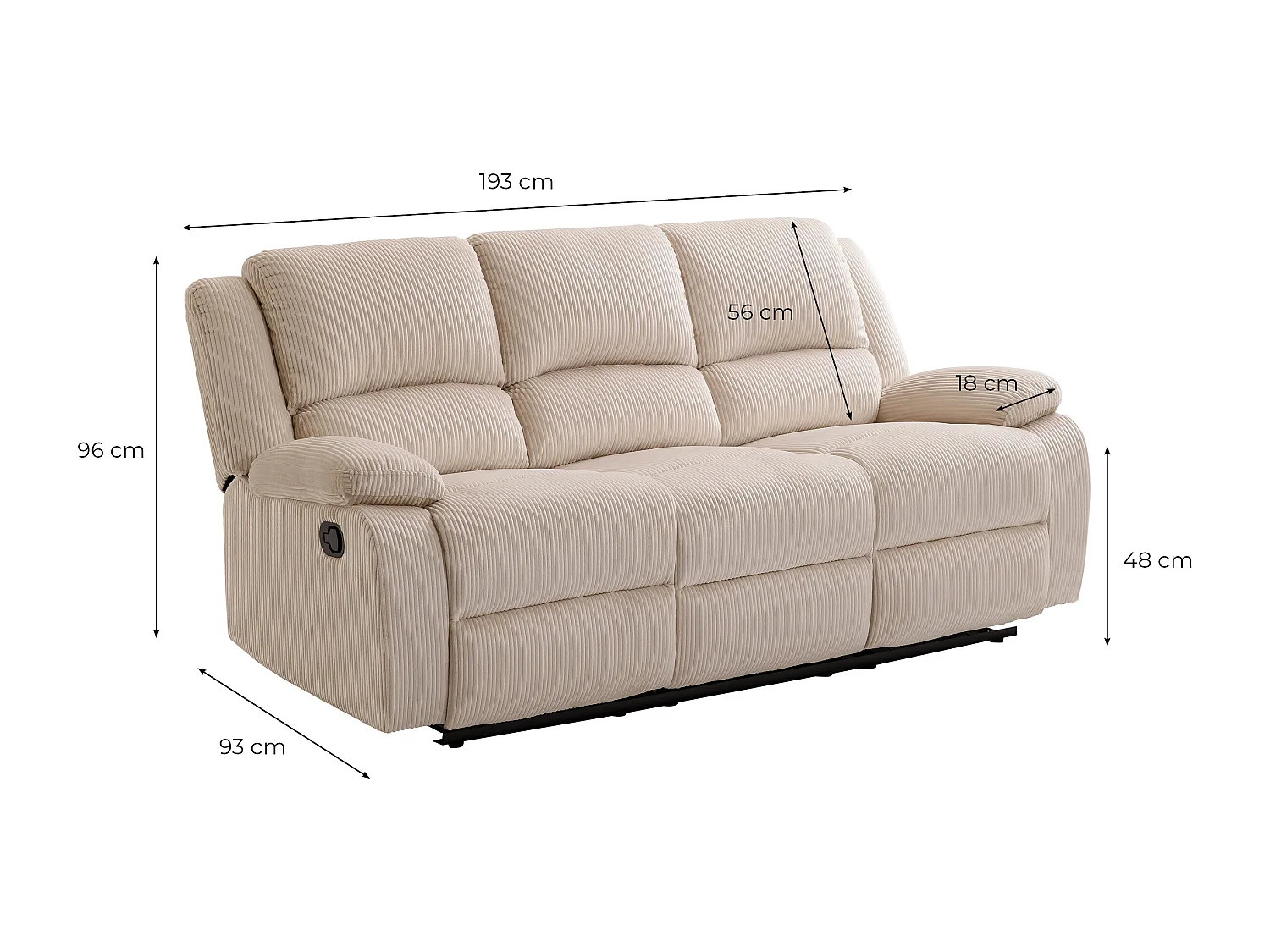 RELAXXO - Canapé de relaxation manuel 3 places LEO en velours côtelé - Vert