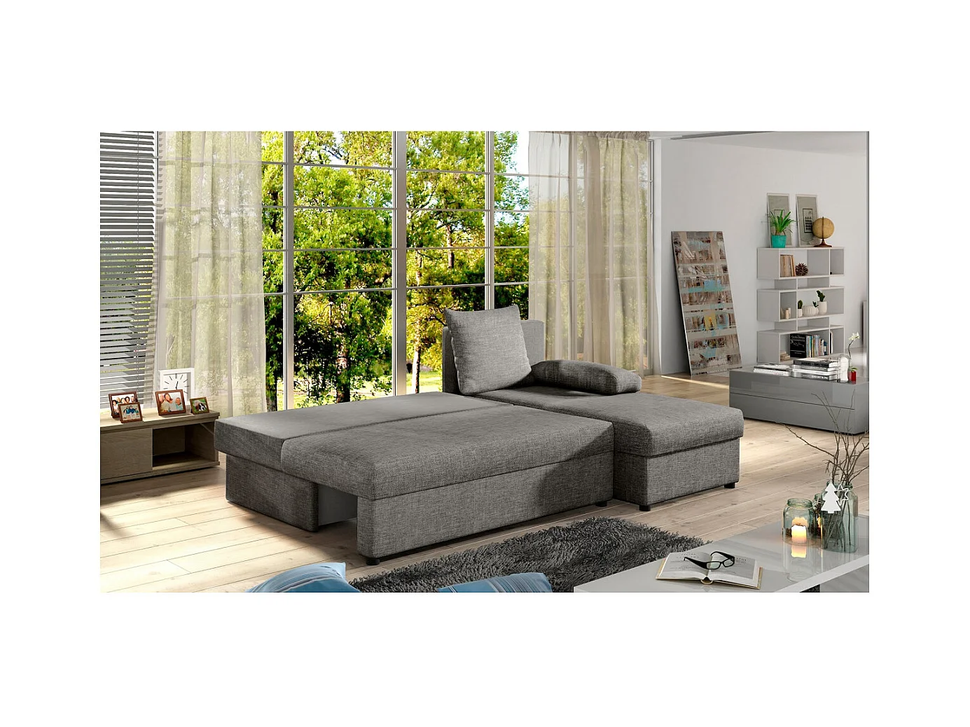 Canapé d'angle réversible 3 places DINA convertible en tissu - Gris clair