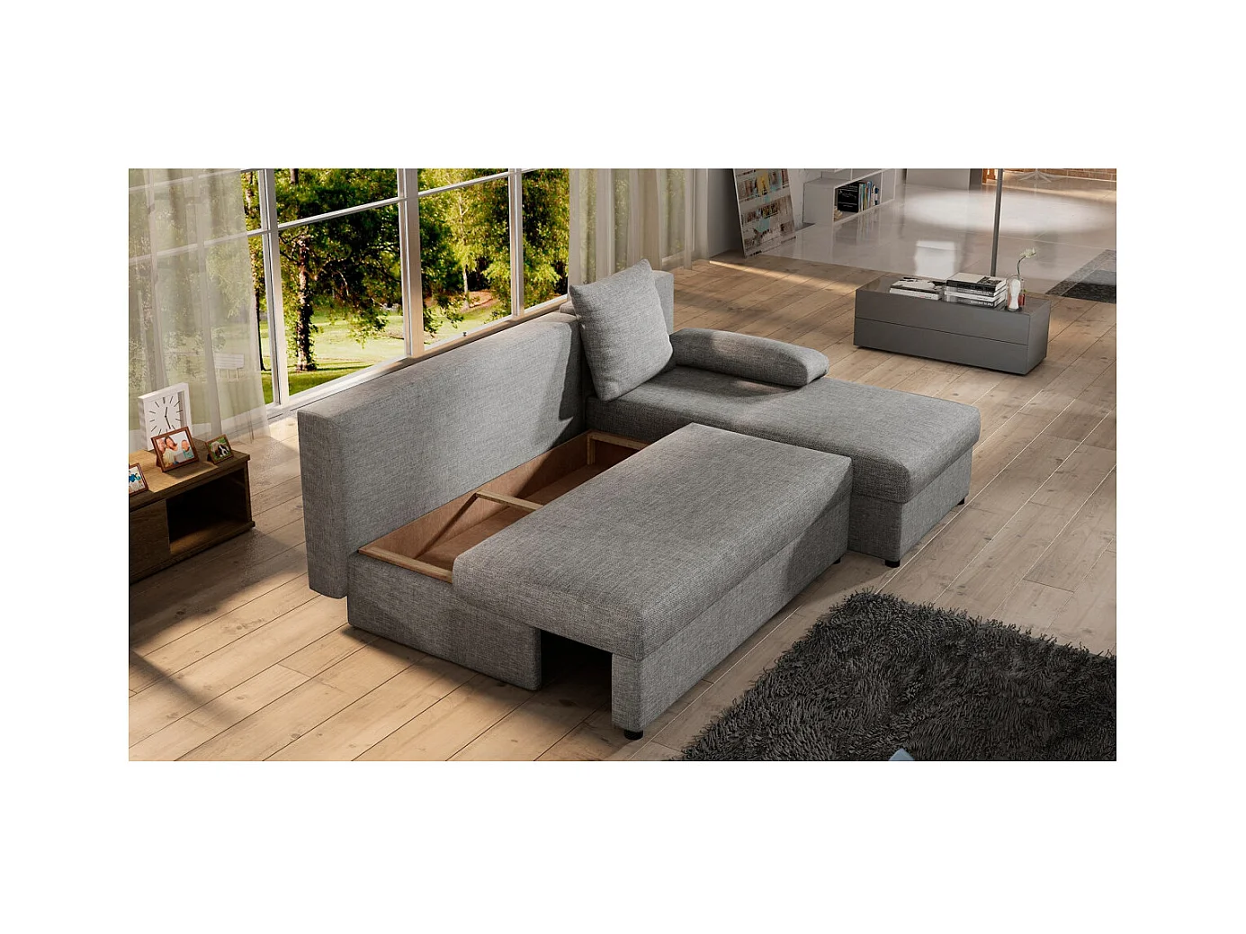 Canapé d'angle réversible 3 places DINA convertible en tissu - Gris clair