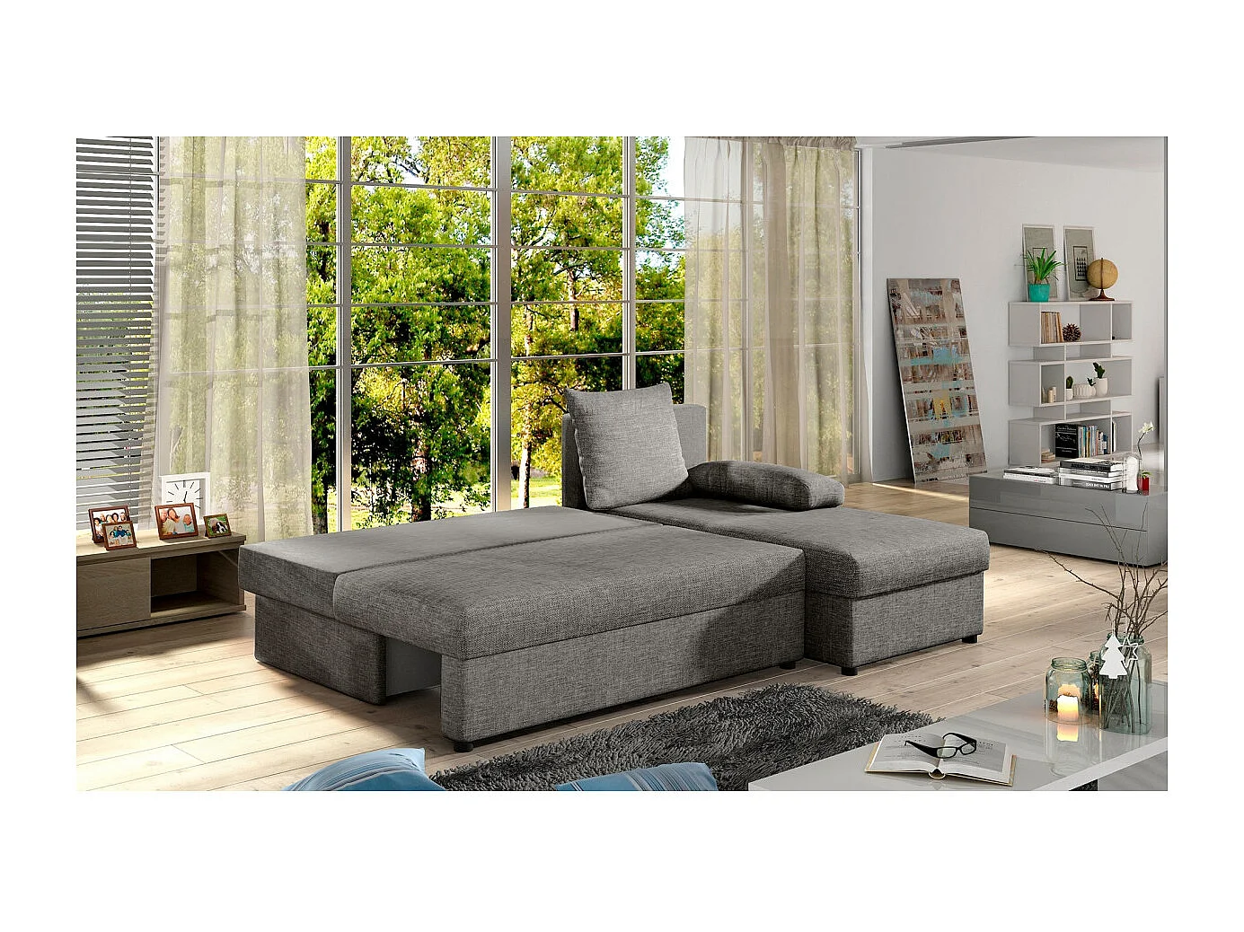 Canapé d'angle réversible 3 places DINA convertible en tissu - Gris clair