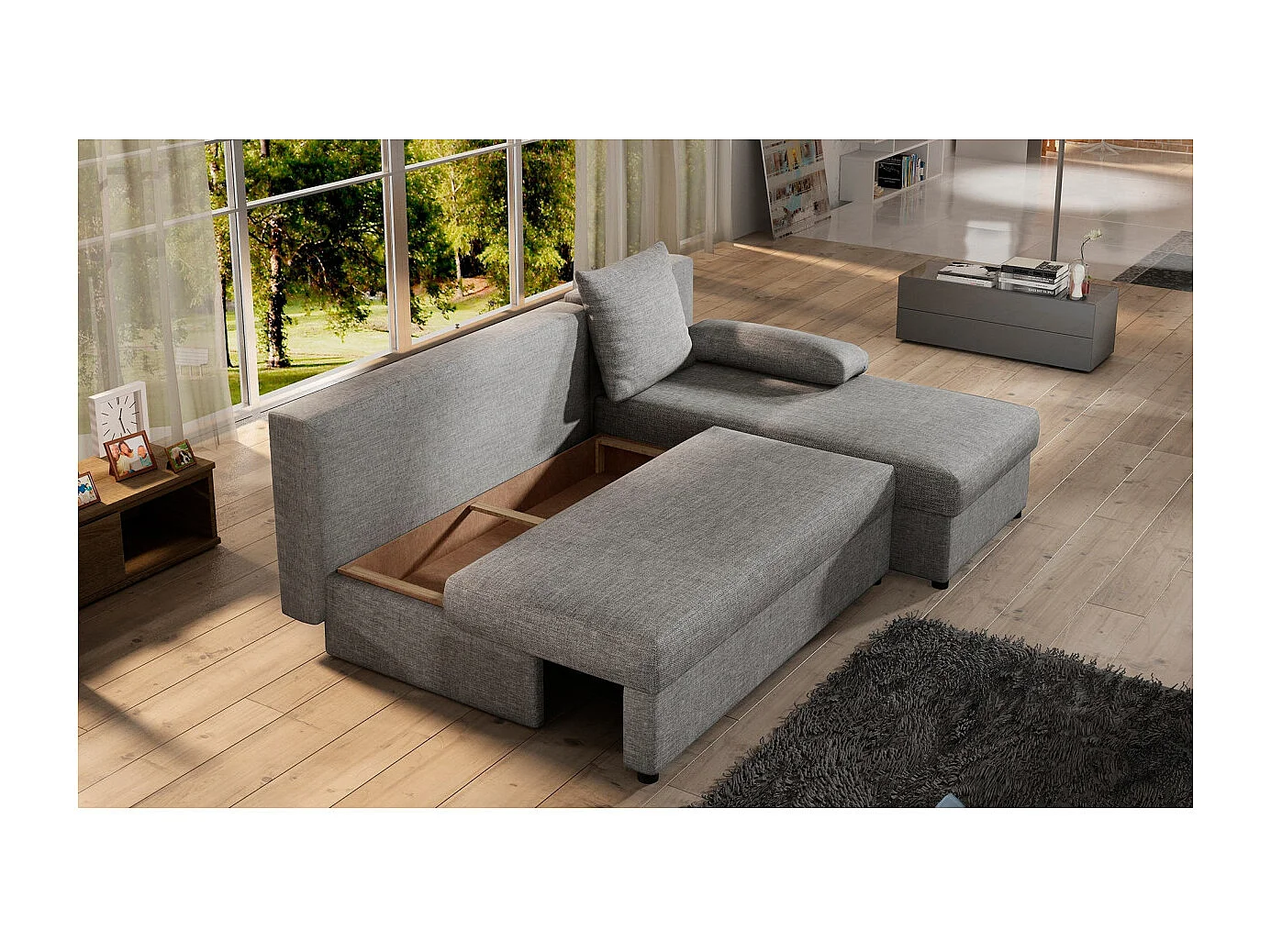 Canapé d'angle réversible 3 places DINA convertible en tissu - Gris clair