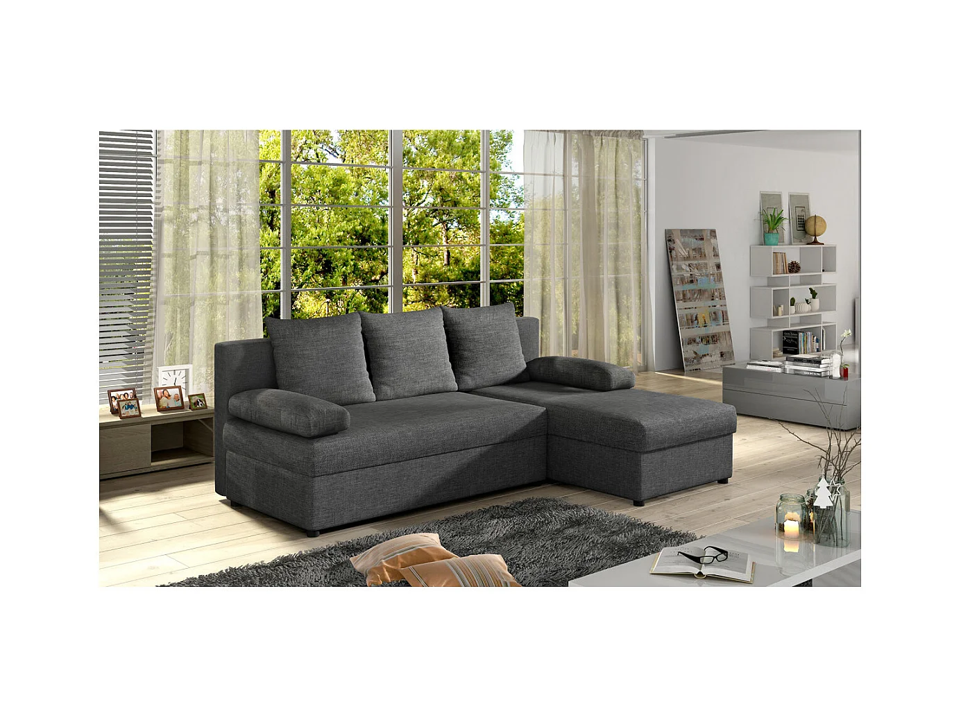 Canapé d'angle réversible 3 places DINA convertible en tissu - Gris moyen