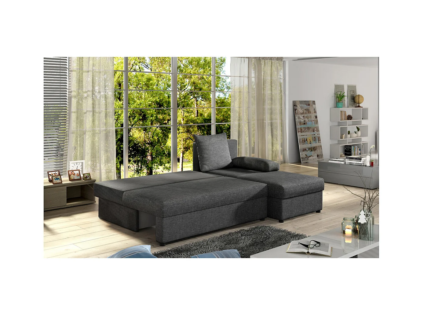 Canapé d'angle réversible 3 places DINA convertible en tissu - Gris moyen