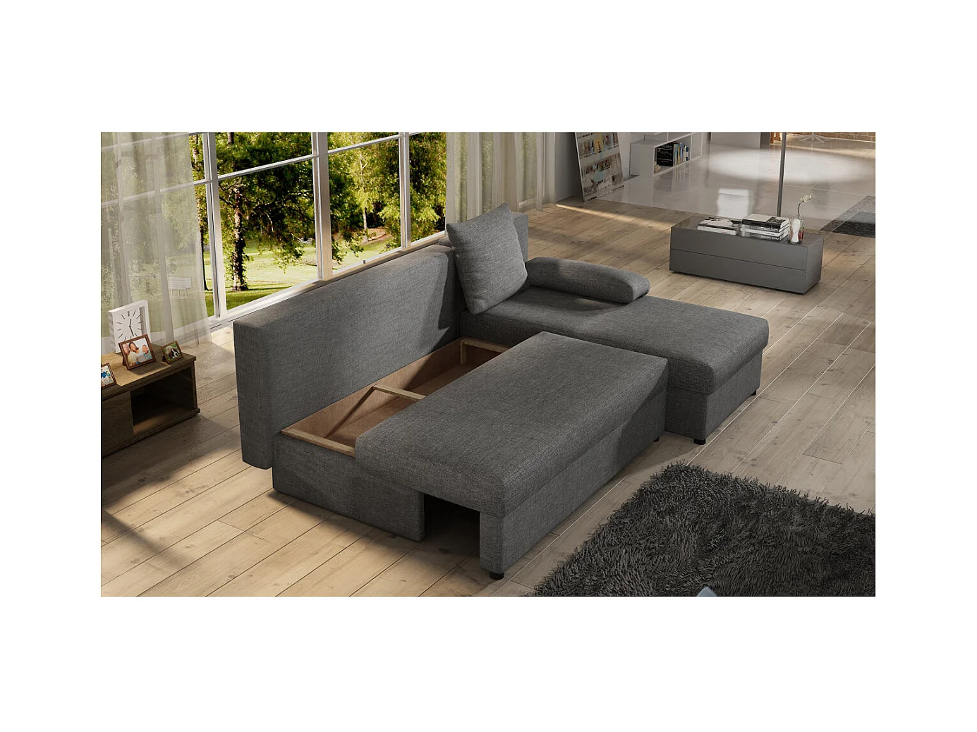 Canapé d'angle réversible 3 places DINA convertible en tissu - Gris moyen