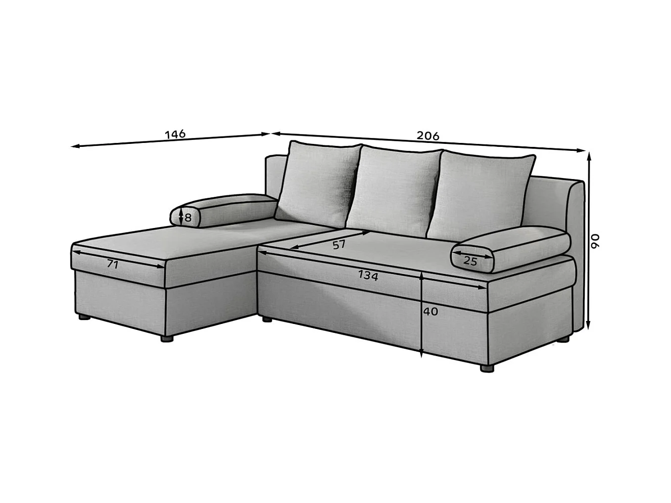 Canapé d'angle réversible 3 places DINA convertible en tissu - Gris moyen