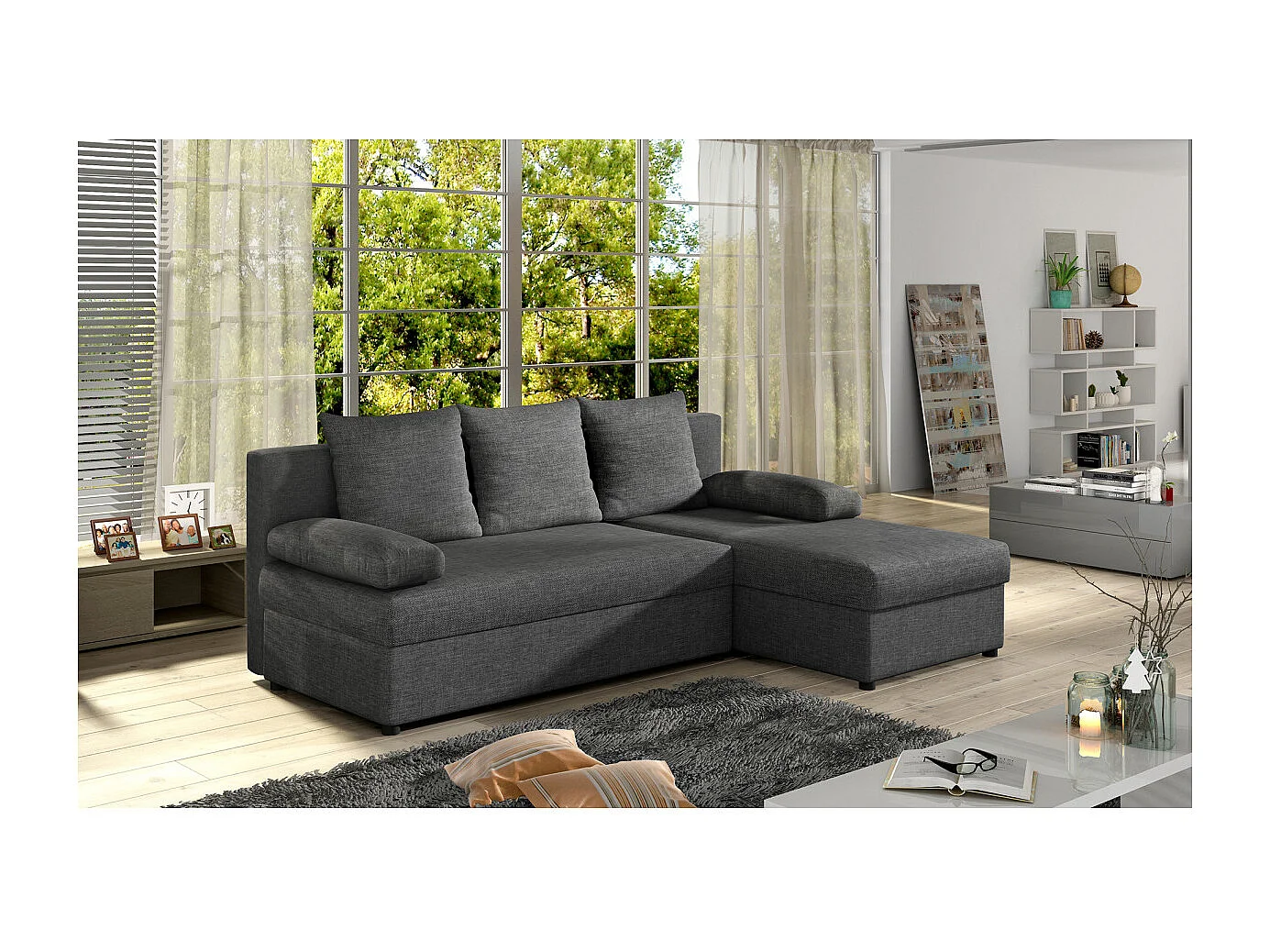 Canapé d'angle réversible 3 places DINA convertible en tissu - Gris moyen