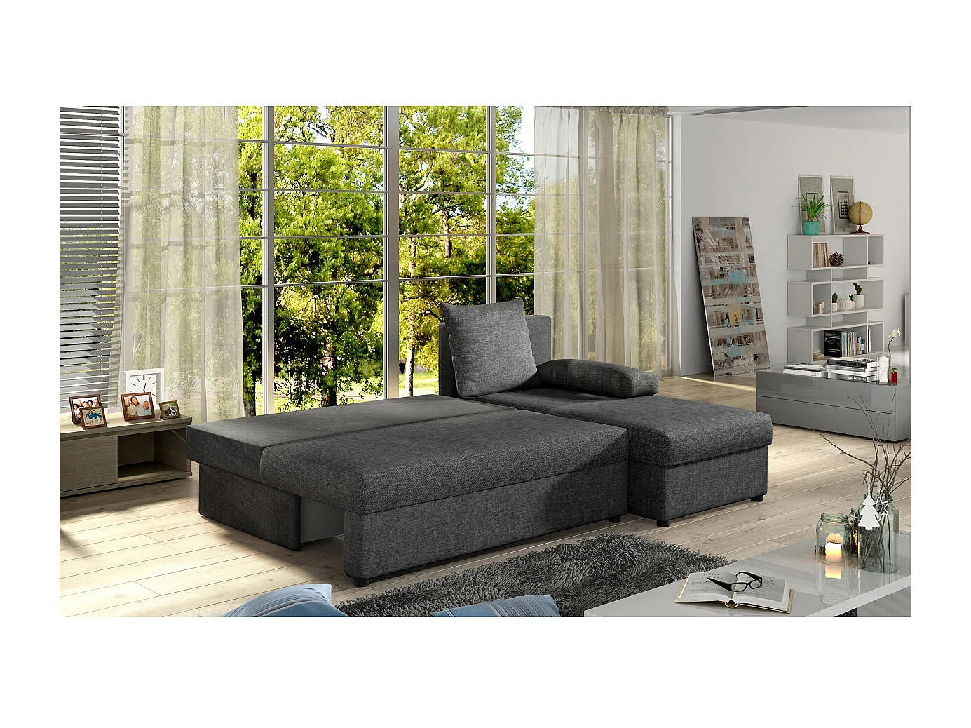 Canapé d'angle réversible 3 places DINA convertible en tissu - Gris moyen