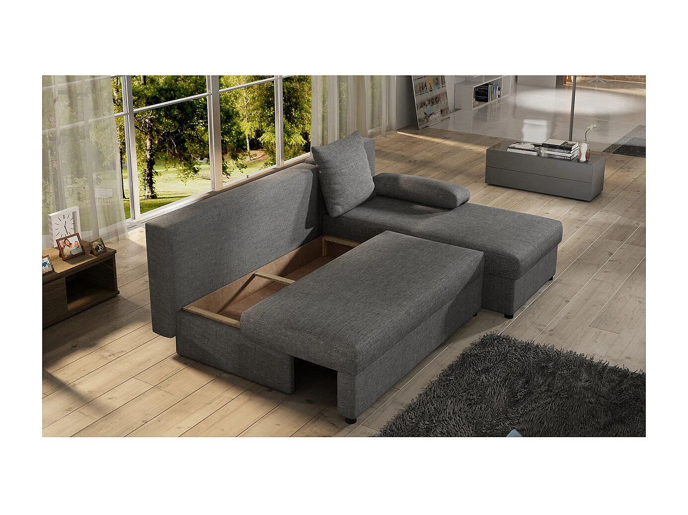 Canapé d'angle réversible 3 places DINA convertible en tissu - Gris moyen