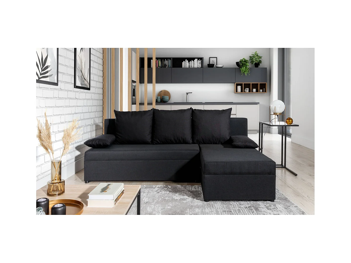 Canapé d'angle réversible 3 places DINA convertible en tissu - Gris anthracite