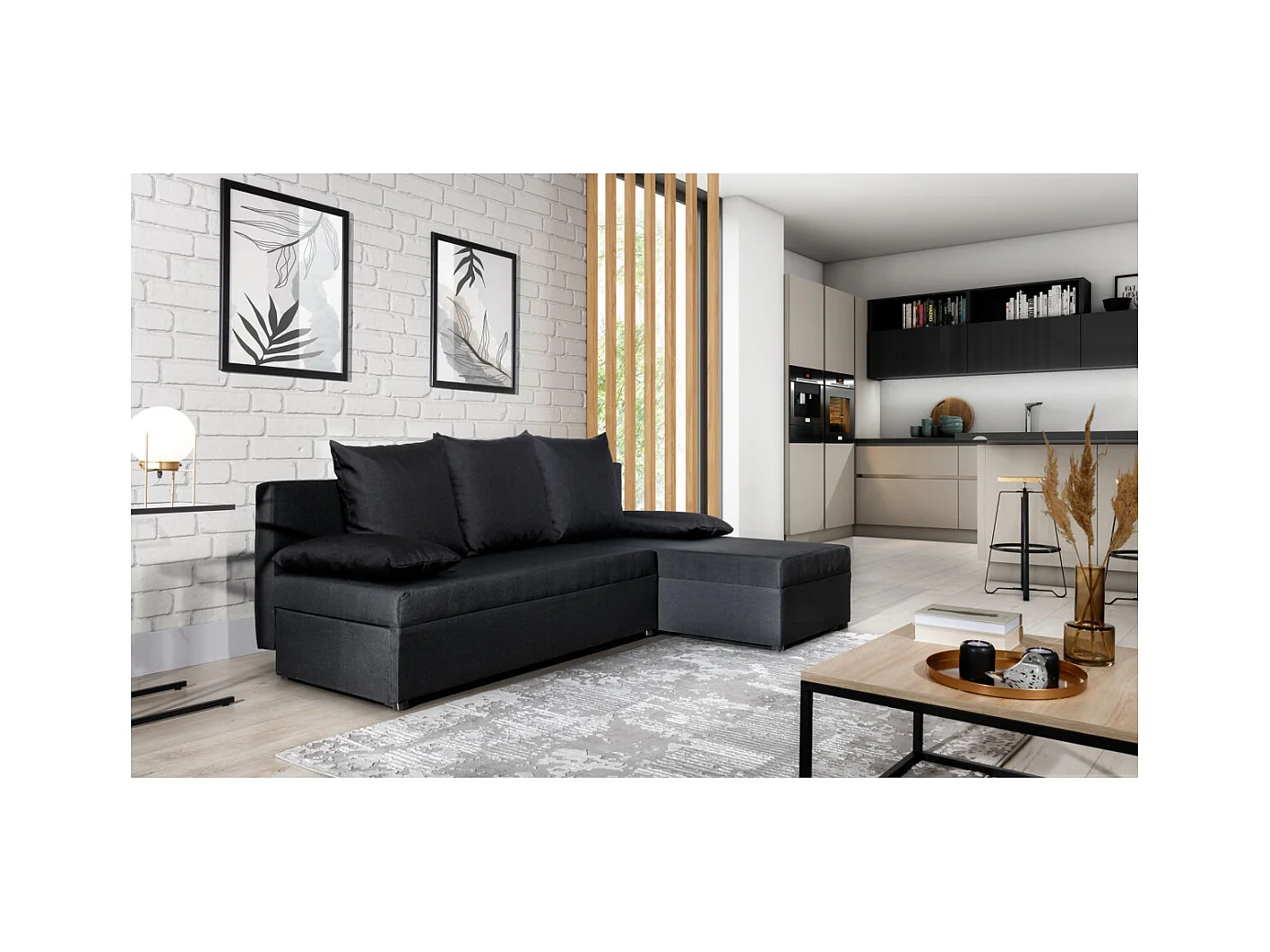 Canapé d'angle réversible 3 places DINA convertible en tissu - Gris anthracite