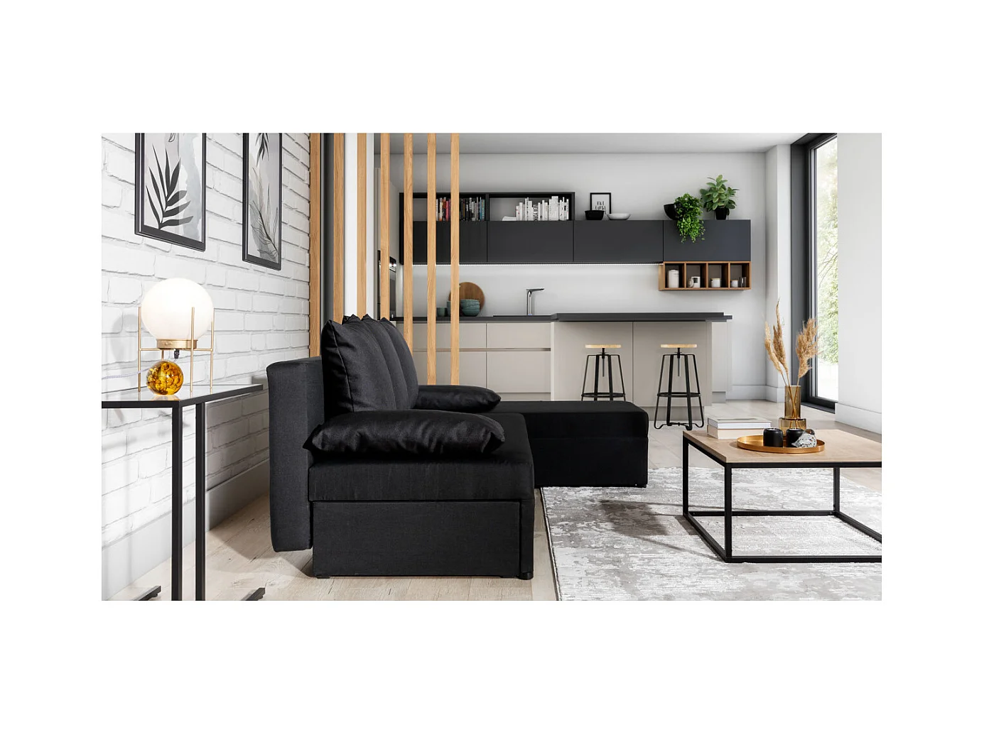 Canapé d'angle réversible 3 places DINA convertible en tissu - Gris anthracite