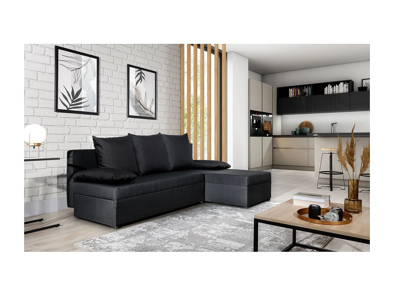 Canapé d'angle réversible 3 places DINA convertible en tissu - Gris anthracite