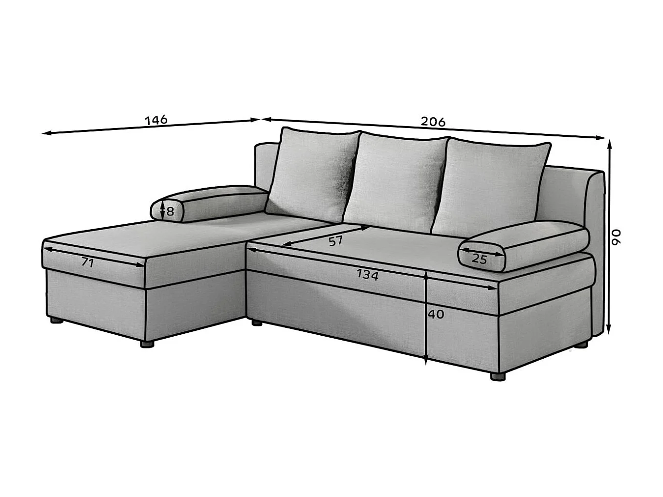 Canapé d'angle réversible 3 places DINA convertible en tissu - Gris anthracite