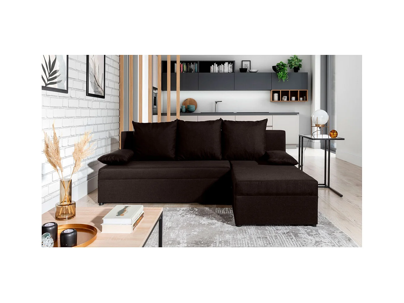 Canapé d'angle réversible 3 places DINA convertible en tissu - Marron