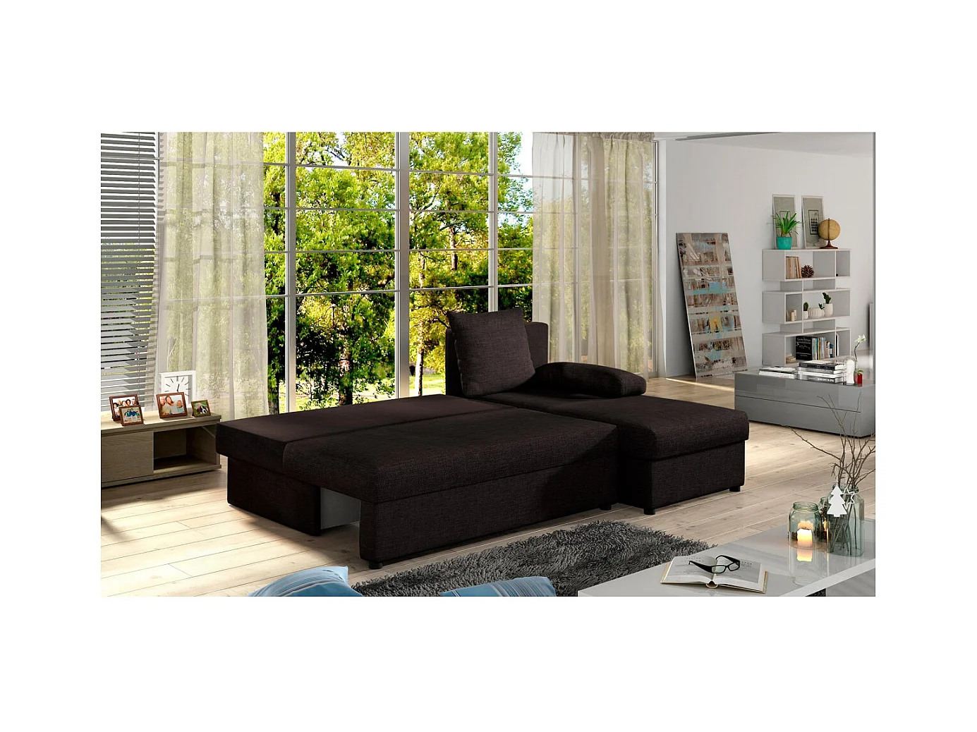 Canapé d'angle réversible 3 places DINA convertible en tissu - Marron