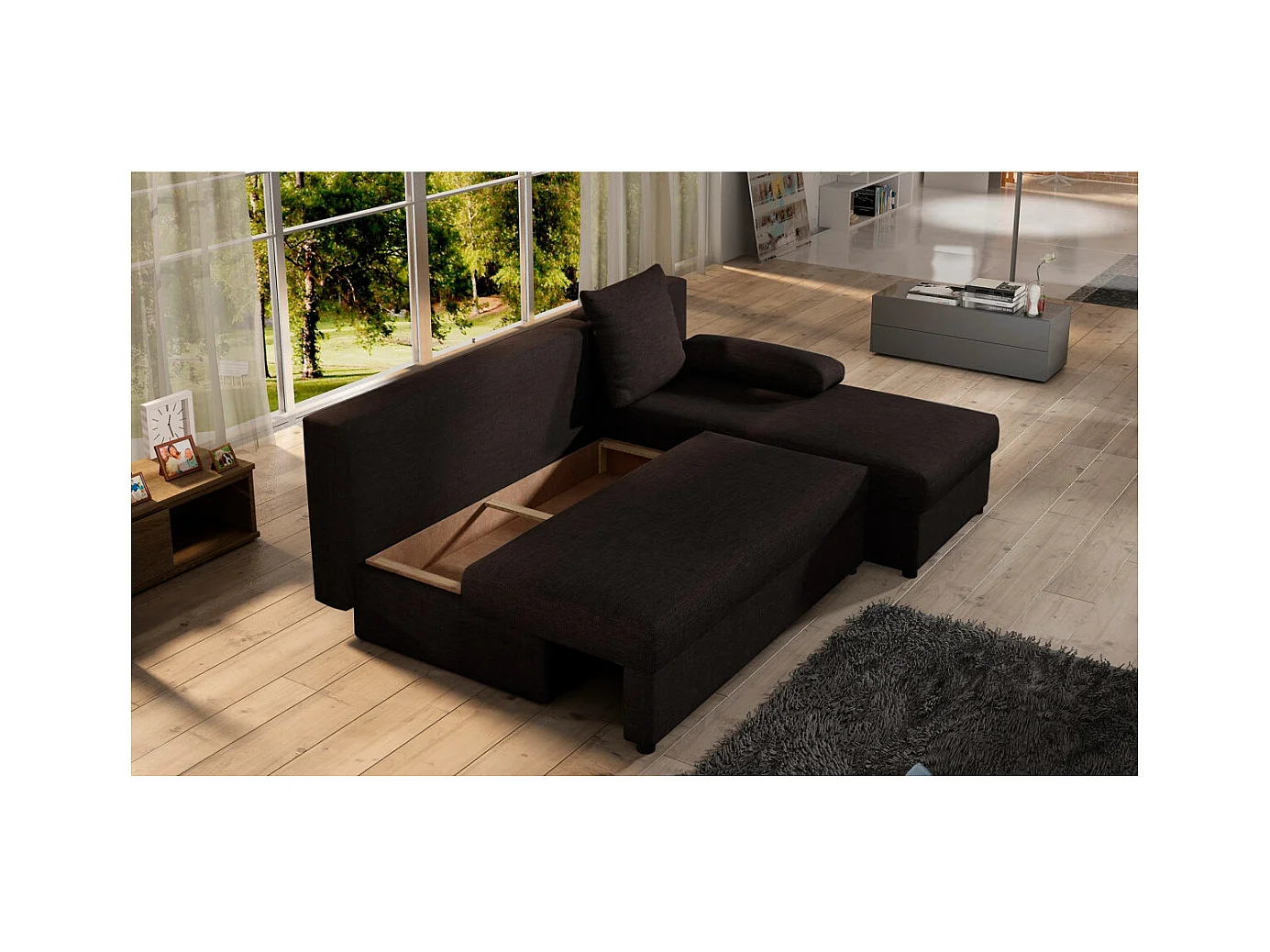 Canapé d'angle réversible 3 places DINA convertible en tissu - Marron