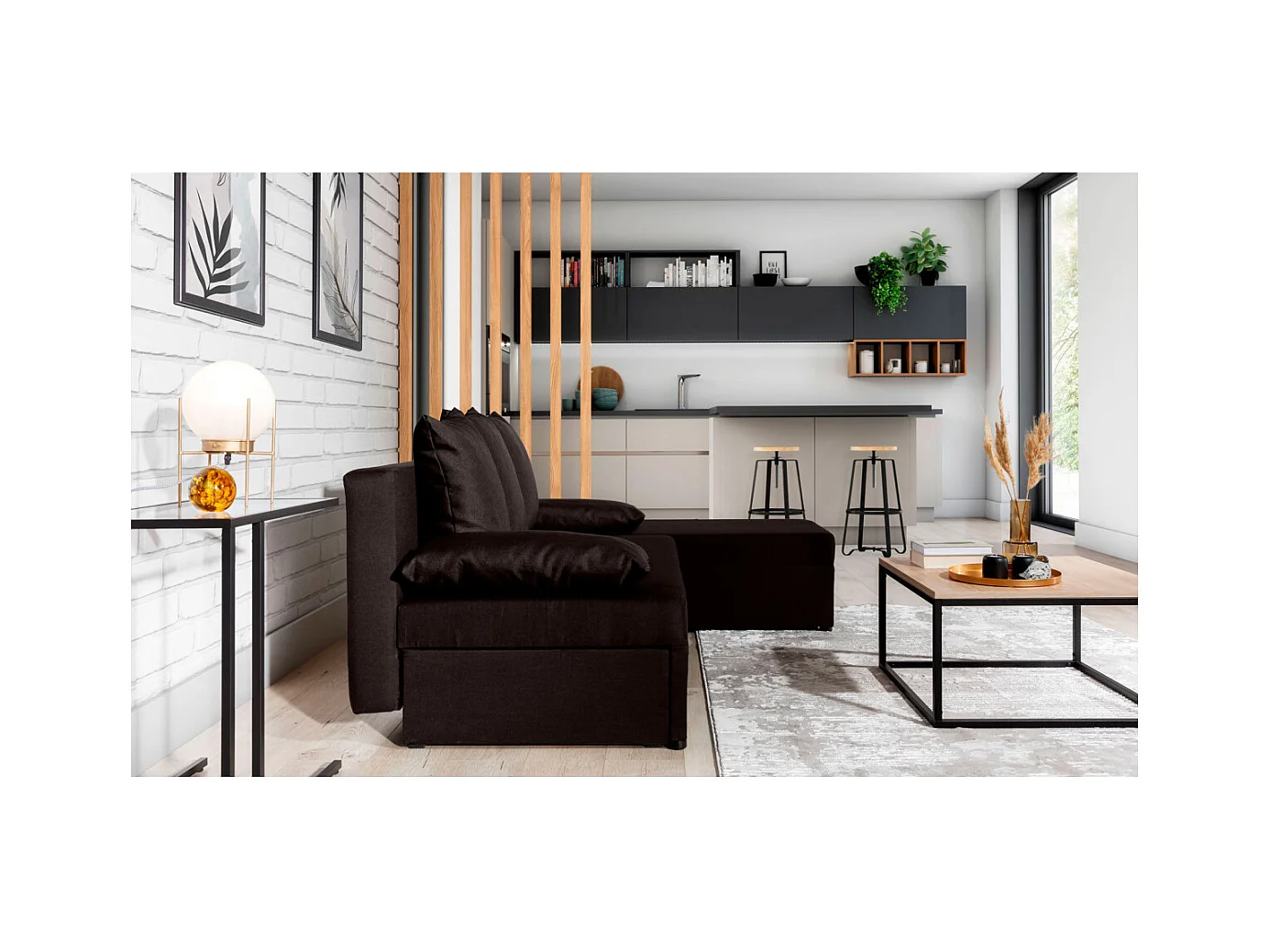 Canapé d'angle réversible 3 places DINA convertible en tissu - Marron