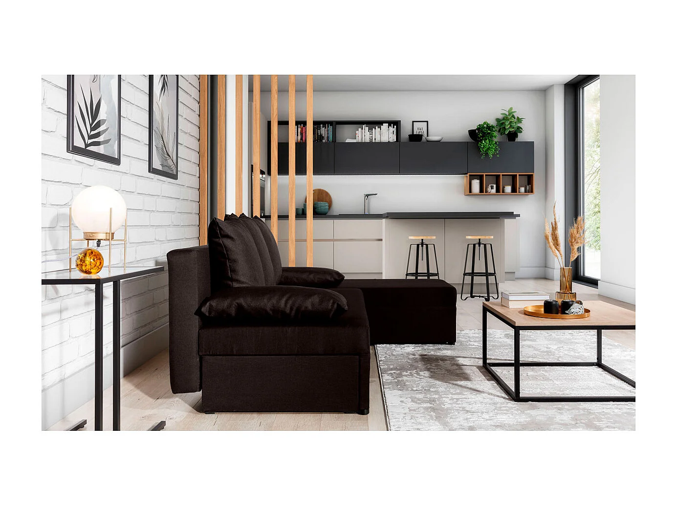 Canapé d'angle réversible 3 places DINA convertible en tissu - Marron