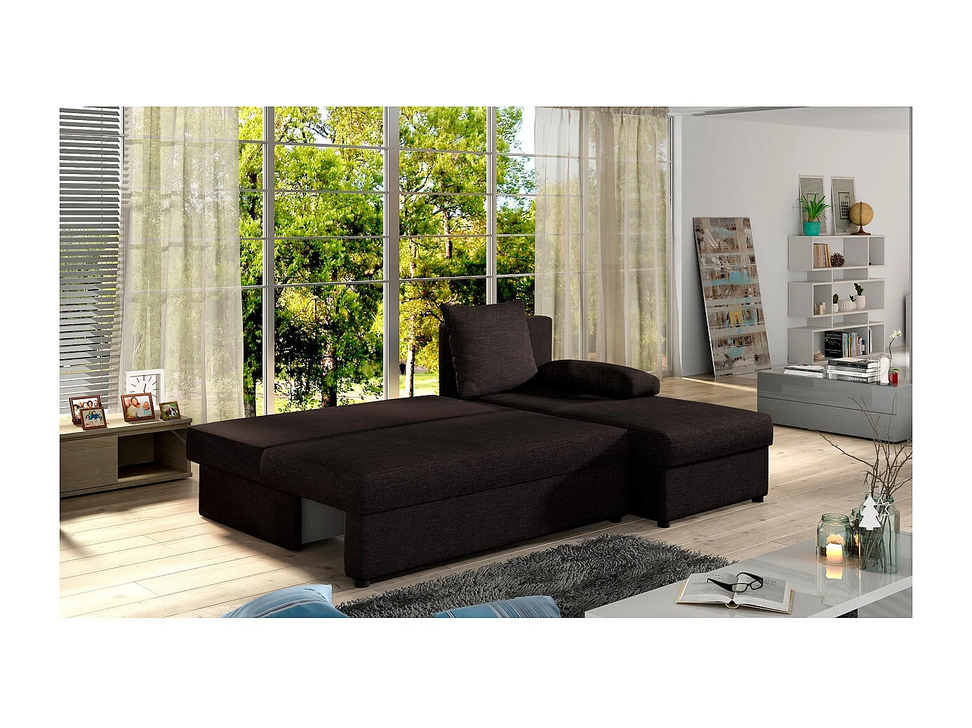 Canapé d'angle réversible 3 places DINA convertible en tissu - Marron