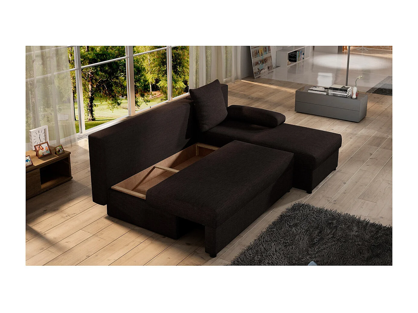 Canapé d'angle réversible 3 places DINA convertible en tissu - Marron