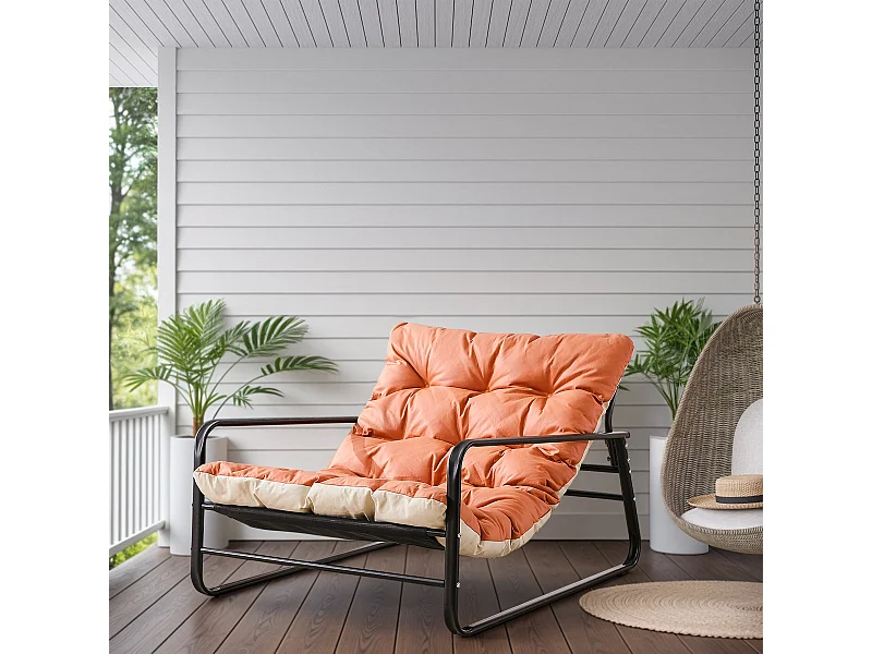Fauteuils salon, relax, transat jardin, chaise longue balcon acier, 2 pers., extérieur, meuble terrasse (Orange+Beige)