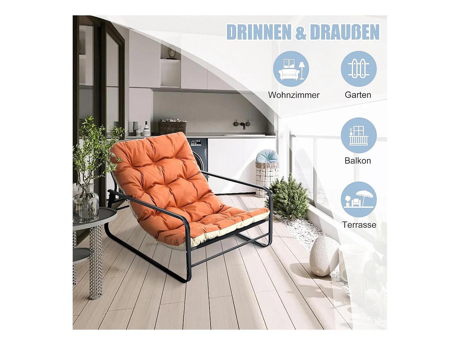 Fauteuils salon, relax, transat jardin, chaise longue balcon acier, 2 pers., extérieur, meuble terrasse (Orange+Beige)