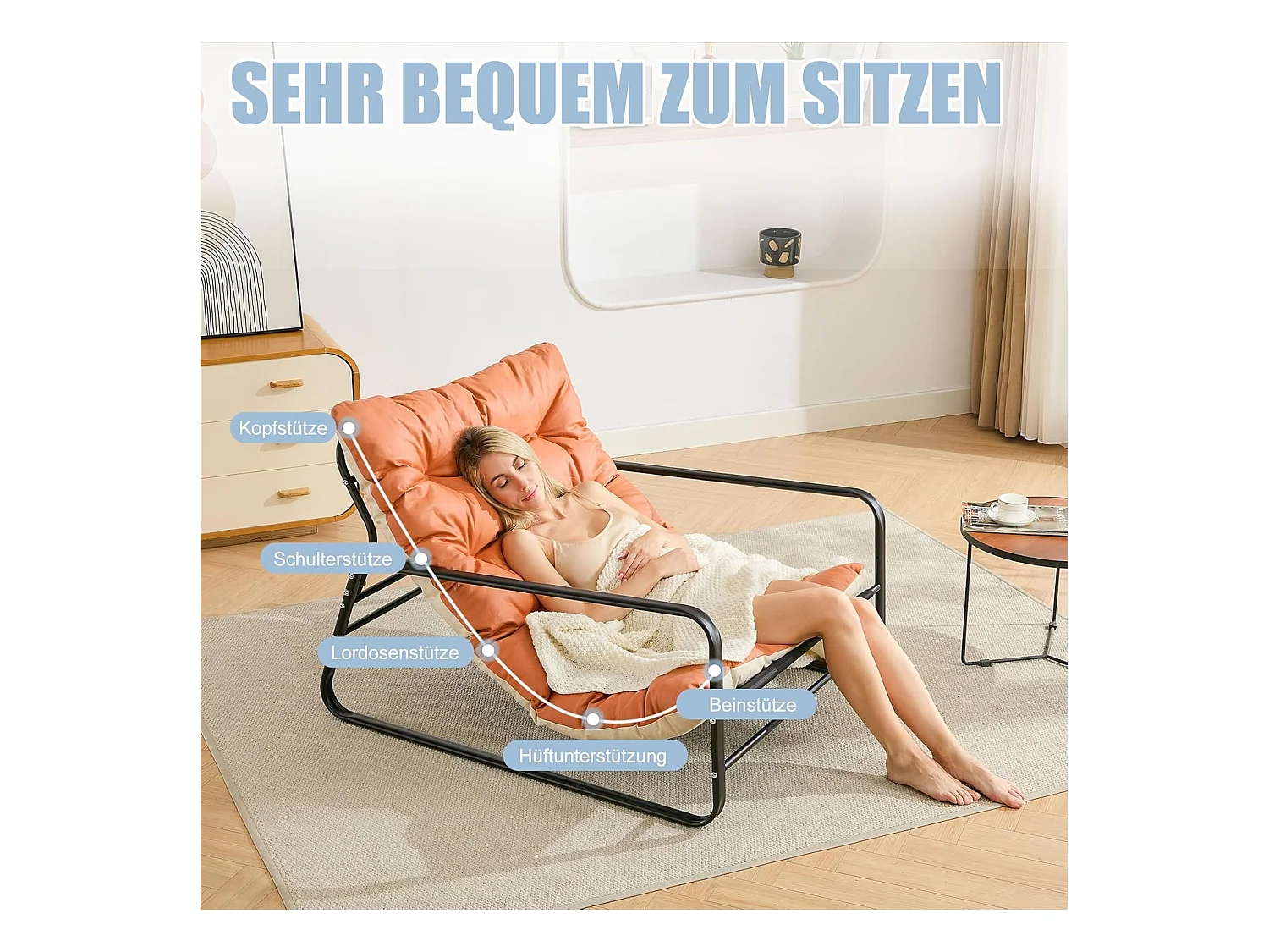 Fauteuils salon, relax, transat jardin, chaise longue balcon acier, 2 pers., extérieur, meuble terrasse (Orange+Beige)