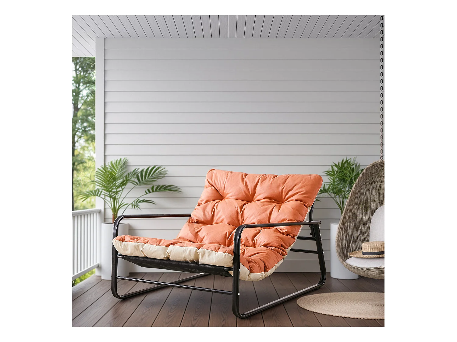 Ligstoel, relaxstoel, tuinligstoel met omkeerbaar kussen, stalen balkonstoel, 2-persoons fauteuil, buitenmeubilair, terras (Oranje+Beige)"