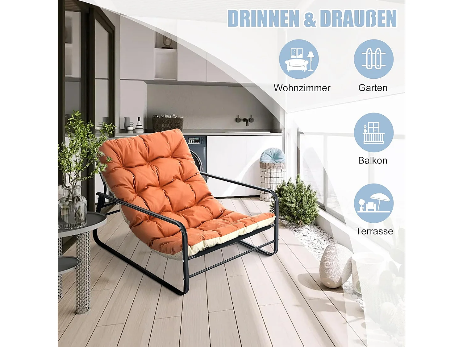 Sillones de salón, relax, tumbona jardín, hamaca balcón acero, 2 plazas, exterior, mueble terraza (Naranja+Beige)