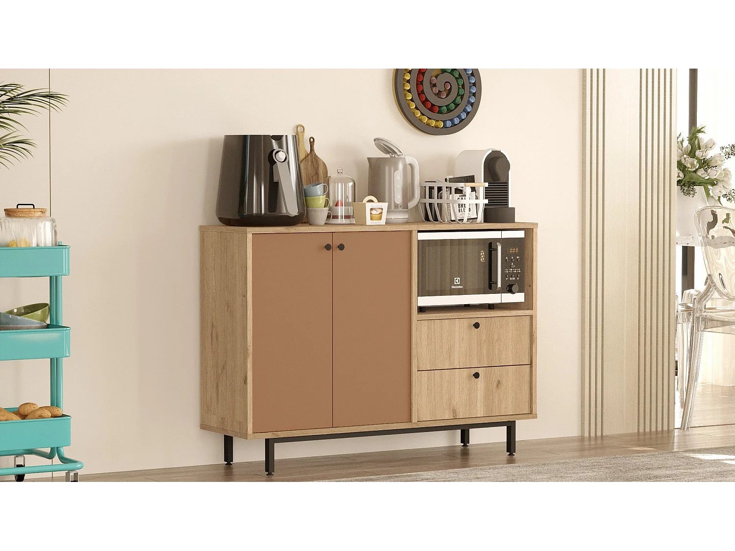 Aparador de Cozinha Toledo em Carvalho e Nogueira Vermelho - 120x85x35.5cm - Design Moderno e Funcional