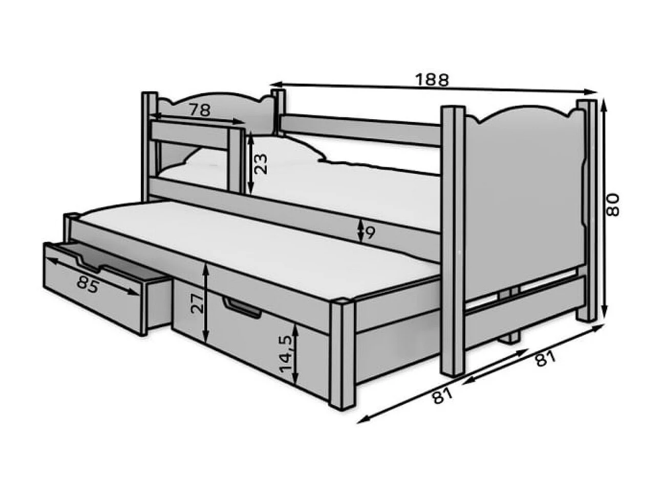 Bett Vantos (80x180)/Matratze inklusive/grau
