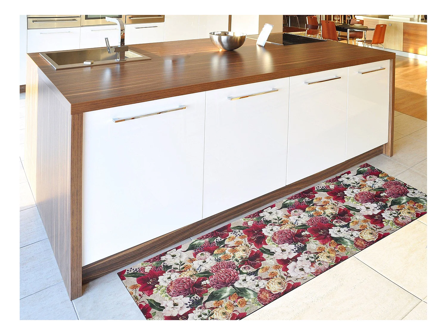 Tapis de cuisine - dessins avec des fleurs - rouge - 52 x 200 cm - RICCI