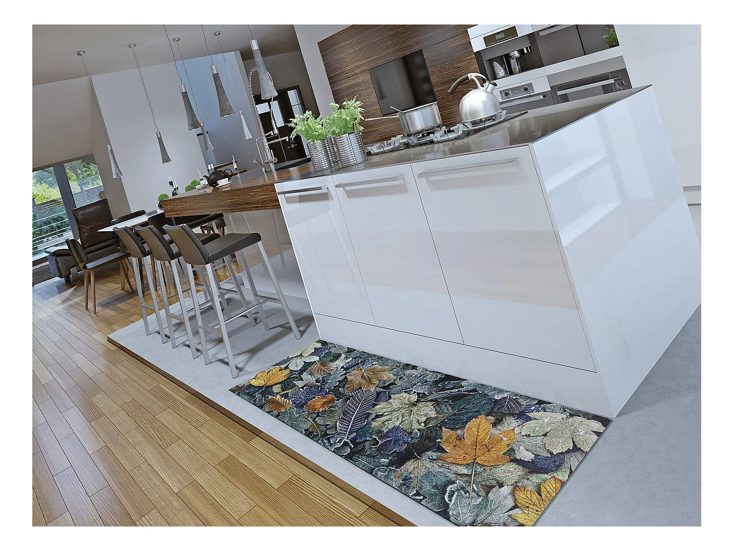 Tapis de cuisine - dessins avec des feuilles - bleu - 52 x 100 cm - RICCI