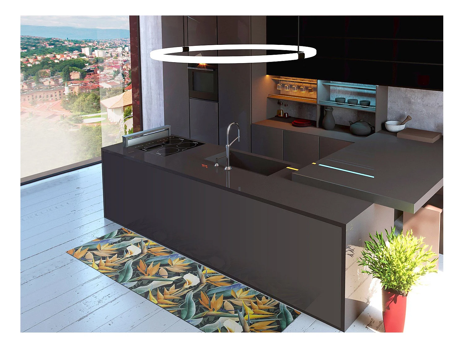 Tapis de cuisine - dessins avec des feuilles - jaune - 52 x 100 cm - RICCI