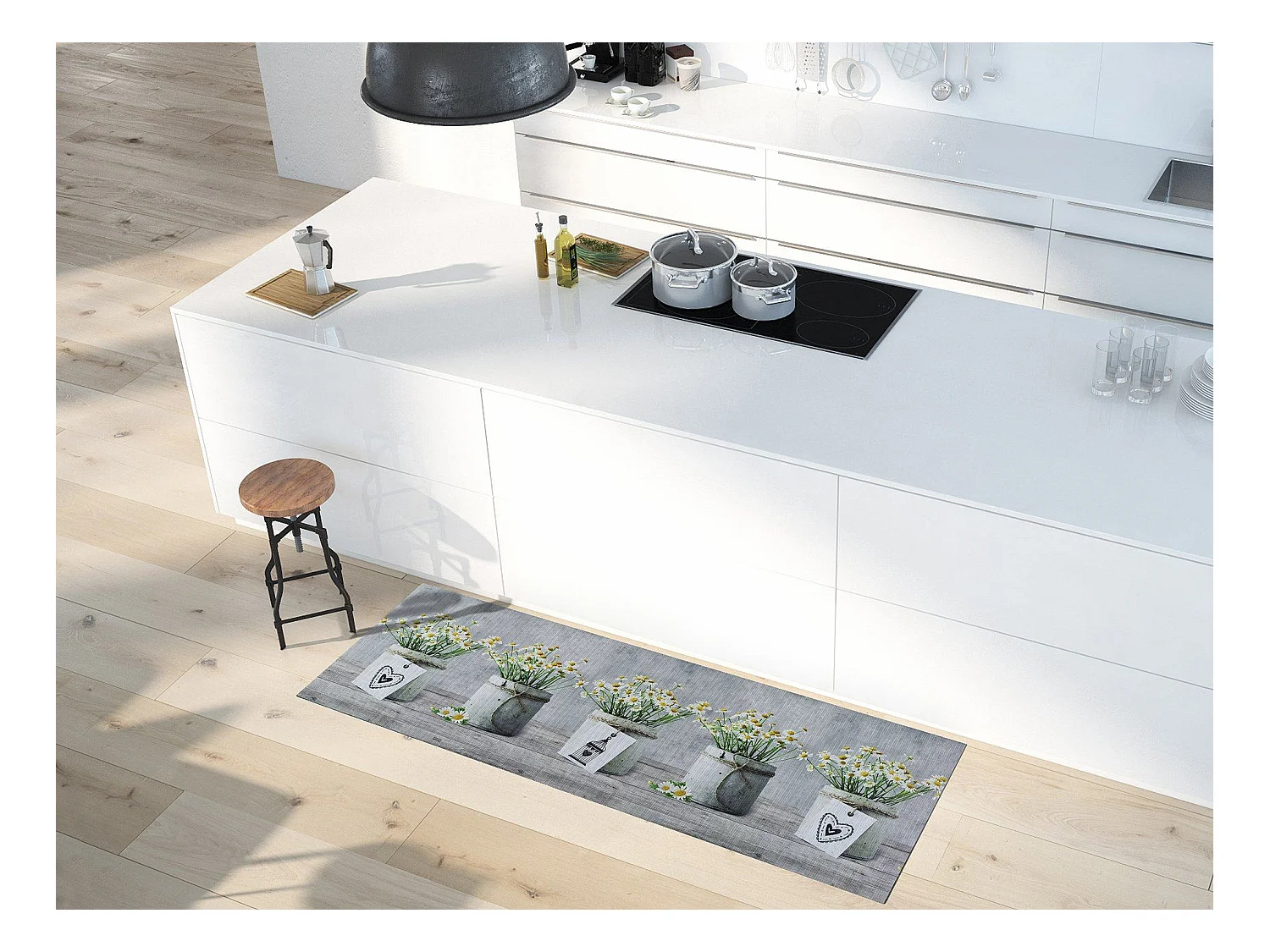 Tapis de cuisine - dessins pots de fleurs - gris - 52 x 100 cm - SPRINTY