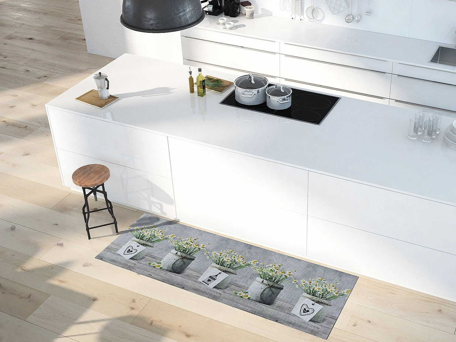 Tapis de cuisine - dessins pots de fleurs - gris - 52 x 100 cm - SPRINTY