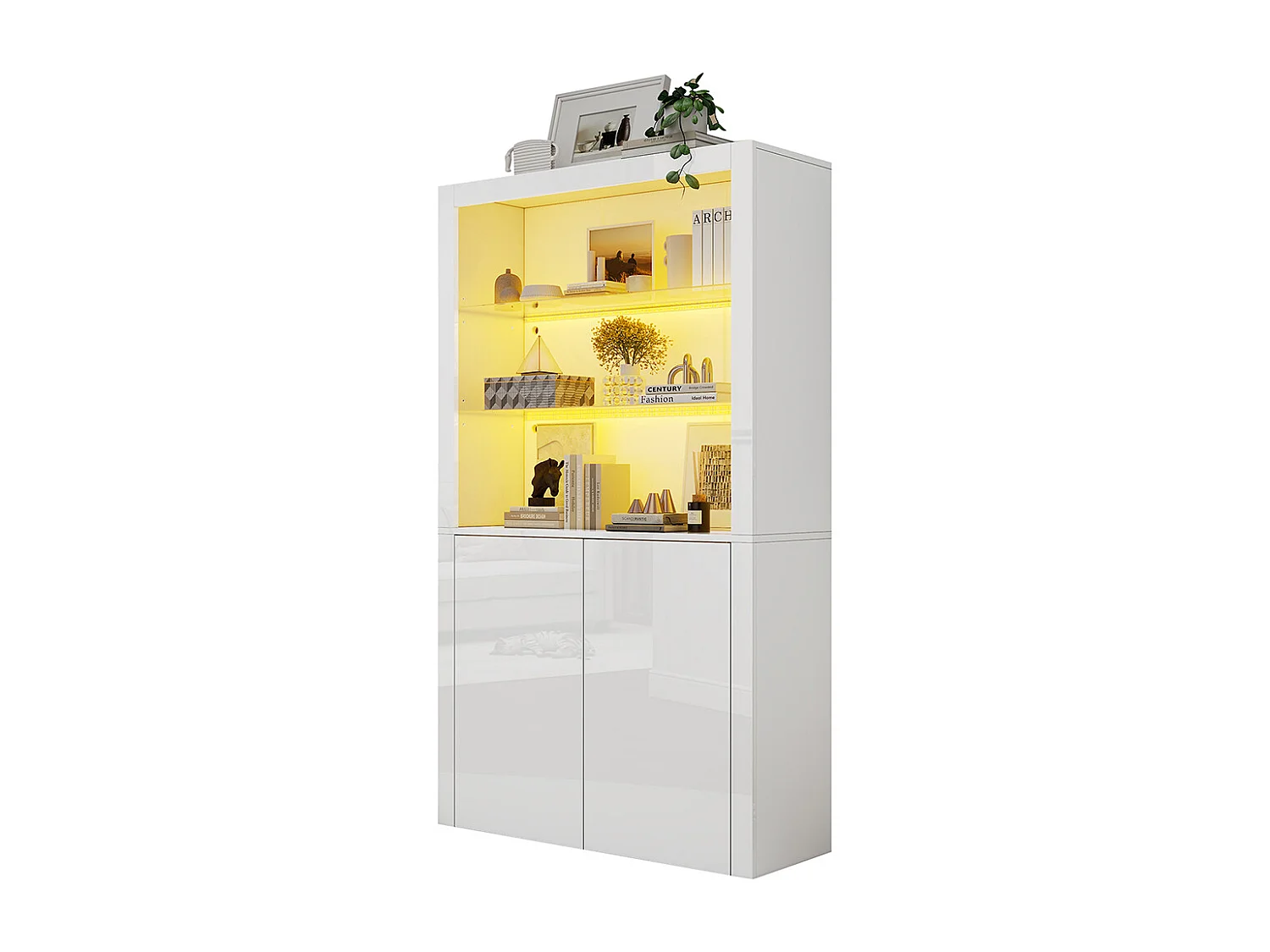 Vitrine buffet appoint armoire rangement brillante éclairage LED verre trempé verticale salon blanc
