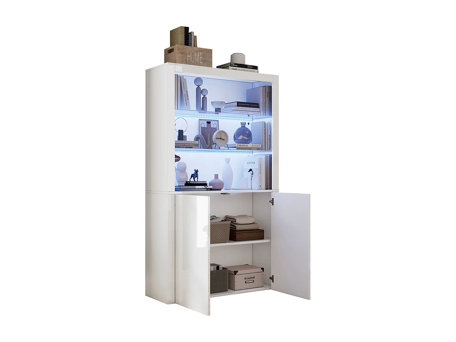 Vitrine buffet appoint armoire rangement brillante éclairage LED verre trempé verticale salon blanc