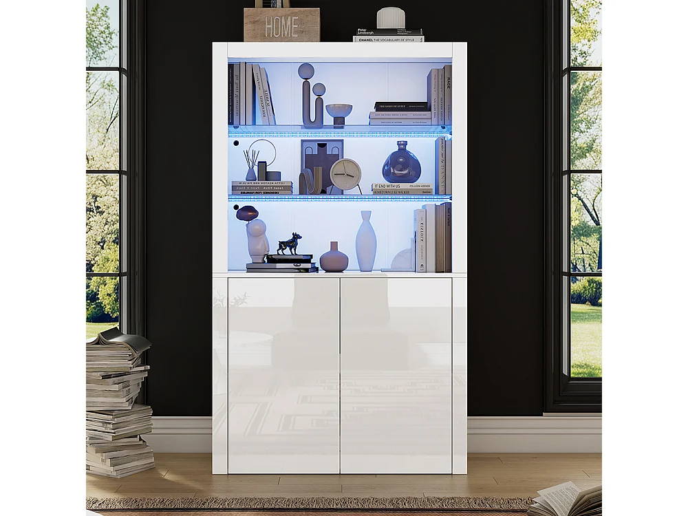 Vitrine buffet appoint armoire rangement brillante éclairage LED verre trempé verticale salon blanc