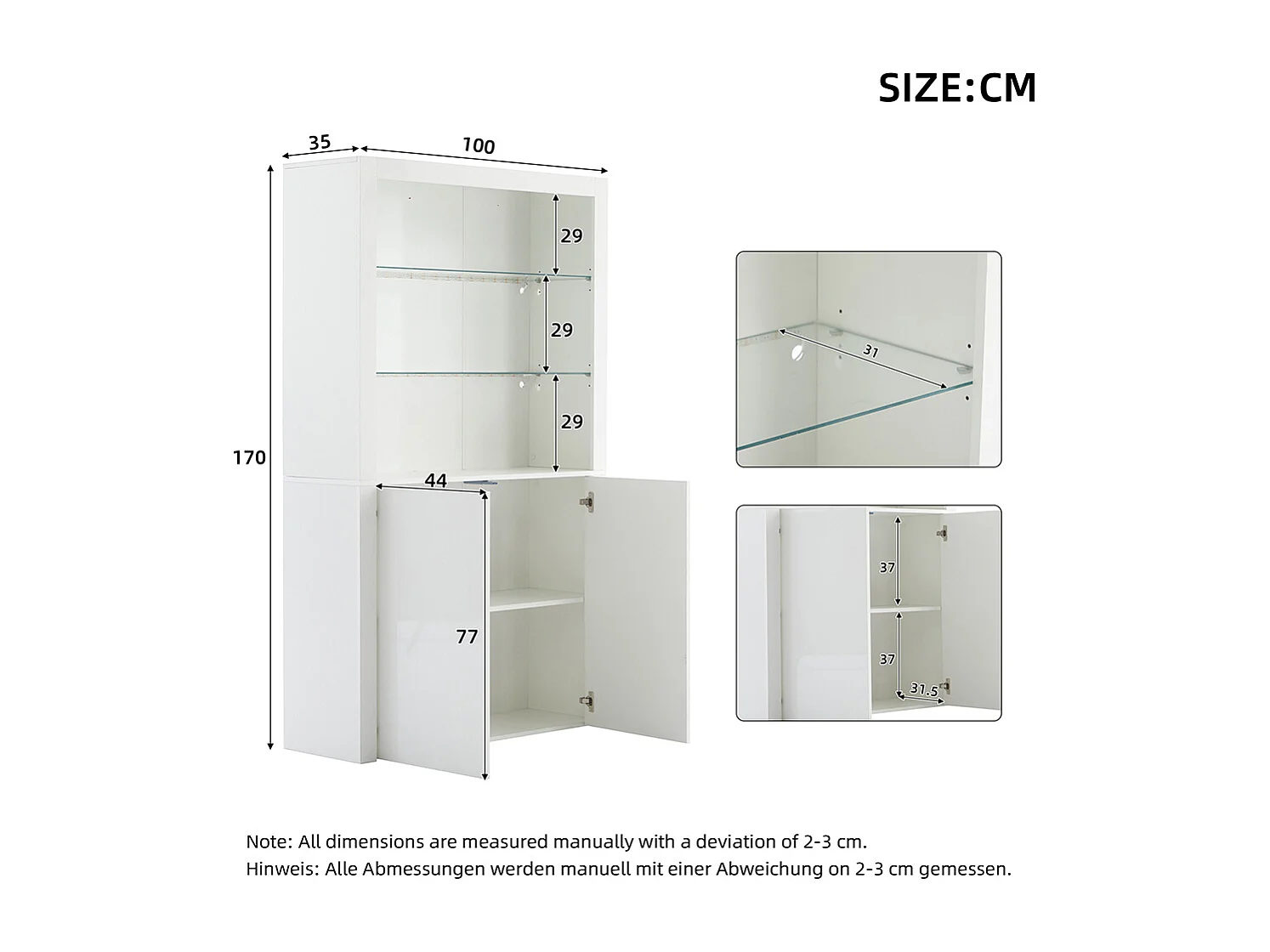 Vitrine buffet appoint armoire rangement brillante éclairage LED verre trempé verticale salon blanc